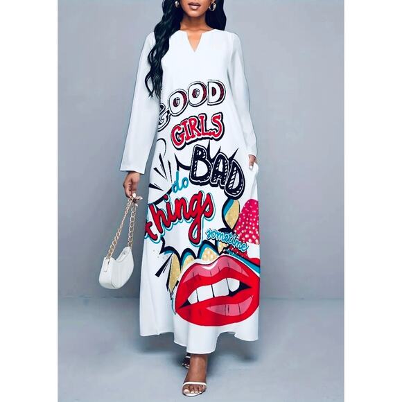 Vintage Style Long Sleeve Abstract Print Crew Neck Fashionable Dress, NWOT - Picture 3 of 5